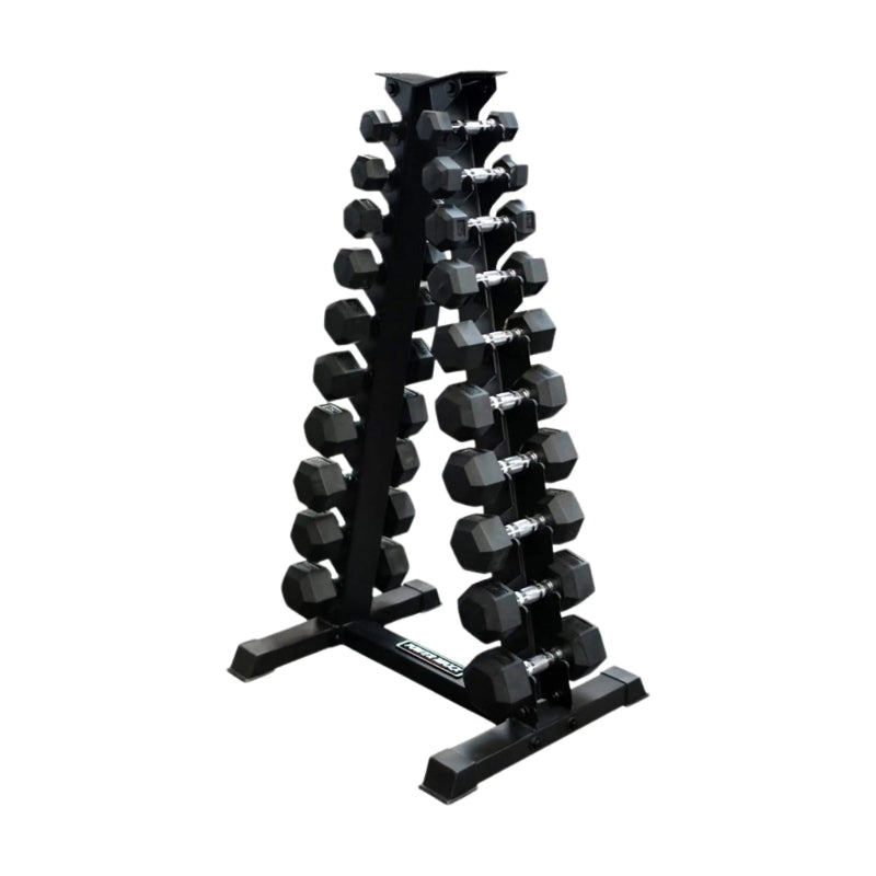 Swiss Rubber Hex Dumbbell Set with Vertical A-Frame Rack - 1-10kg